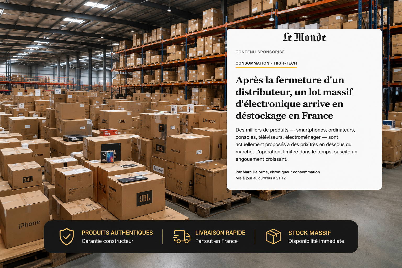 Article Le Monde — Après la fermeture d'un distributeur, un lot massif d'électronique arrive en déstockage en France